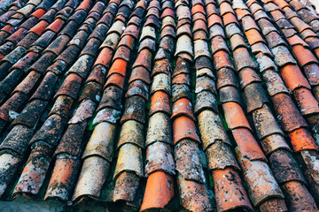 Terracotta brick roof tiles close up