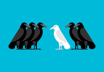 White crow among black crows. Vector illustration