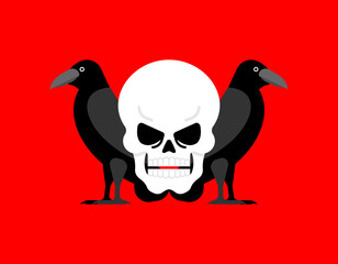 Black raven and skull. Black crow symbol of death