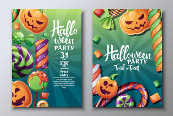 Vector set of Halloween party invitations or greeting cards with candy, pumpkin cookies