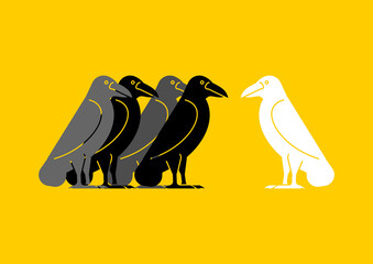 White crow among black crows. Vector illustration