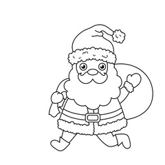 Santa with a bag of gifts. Coloring book. Christmas. New Year. Black and white vector image.