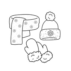 Hat, scarf and mittens. Coloring book. Christmas. New Year. Black and white vector image.