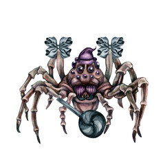 Halloween hand drawn watercolor spider with candy for stickers, greeting cards, invitations, banners, borders, masquerade, decorations, patterns, postcards. Elements isolated on white background.