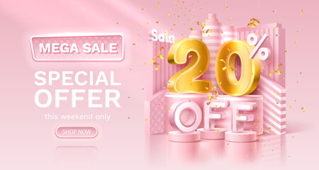 20 percent Special offer mega sale, golden confetti, podium and gift box. Sale banner and poster. Vector