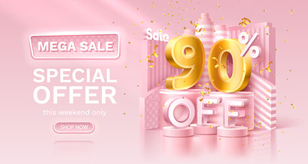 90 percent Special offer mega sale, golden confetti, podium and gift box. Sale banner and poster. Vector