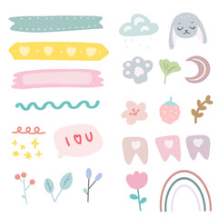 Nursery baby illustrations. Cartoon elements for a child's holiday. Collection of different cute elements. Vector illustration