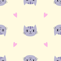 Seamless Pattern with Purple Cat Head and Heart on Yellow Background. Perfect for Nursery Wallpaper, Children's Textiles, Wrapping Paper