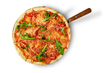 Freshly baked pizza on tray on white background, top view