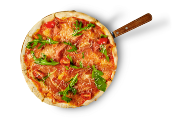 Freshly baked pizza on tray on white background, top view
