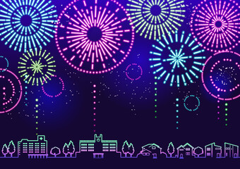 ネオンカラーに輝く花火が上がる街並みのイラスト
