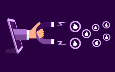 hand holding magnet and tries to appeal clients, customers. Customer retention concept. vector illustration.
