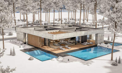 3d rendering of new concrete house in modern style with pool and parking for sale or rent and beautiful landscaping on background. The house has only one floor. Cool winter day with shiny white snow.