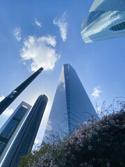 Low angle view of modern office buildings in Madrid business district. Copy space