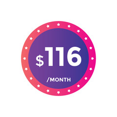 116 dollar price tag. Price $116 USD dollar only Sticker sale promotion Design. shop now button for Business or shopping promotion
