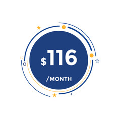 116 dollar price tag. Price $116 USD dollar only Sticker sale promotion Design. shop now button for Business or shopping promotion
