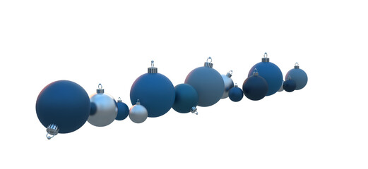 row of christmas balls with ultra matte teal and silver shades and sunset glow on the upper left isolated 3D Rendering