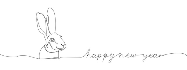 Happy New Year card with a rabbit s head and inscription one line art. Continuous line drawing of new year holidays, congratulations, weekend, animal, zodiac, symbol of year, festive atmosphere.