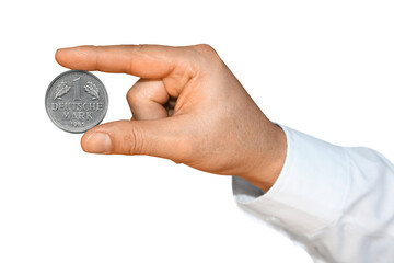 Gesture series: Hand holding old one D-Mark coin - 537032343