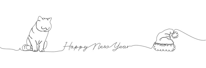 Happy New Year card with cat and Santa Claus hat one line art. Continuous line drawing of new year holidays, christmas, congratulations, weekend, animal, symbol of the year, festive atmosphere.