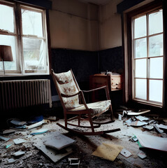 An empty rocking chair in a ruined house. Creepy. Horror. 