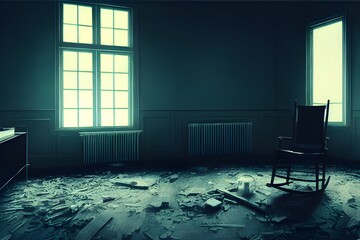 An empty rocking chair in a ruined house. Creepy. Horror.  - obrazy, fototapety, plakaty