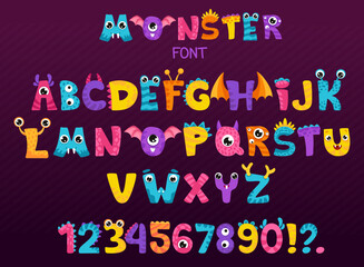 Cartoon colorful alphabet with funny monsters letters with wings, eyes, mouth for Halloween kids design, invitation flyers or posters. Vector hand drawn illustration with kawaii children font