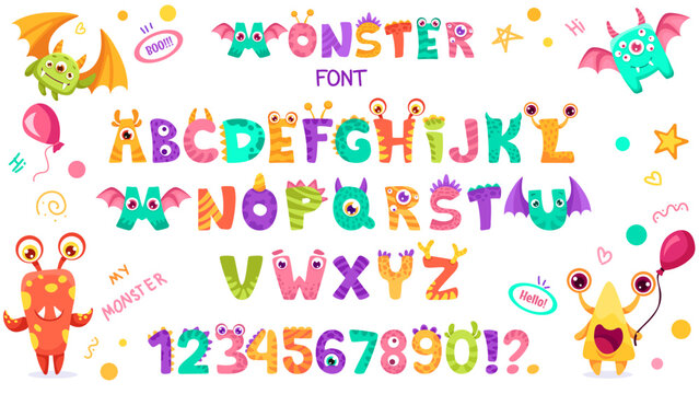 Monster alphabet. Set of cute and kawaii letters, numbers and characters for baby invitation design, poster, banner or birthday card. Cute monster font for children party design. Vector Illustration.