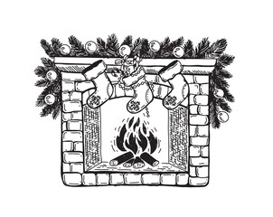 Fireplace with socks and Christmas decorations, hand drawn illustration. Vector.