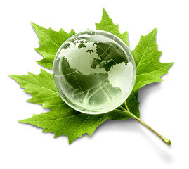 Environment concept, glass globe and green leaf - obrazy, fototapety, plakaty