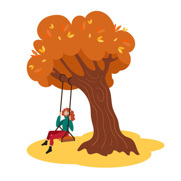 Girl on a swing. Autumn tree. Flat illustration isolated on white background.