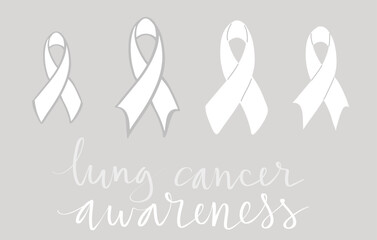 Lung cancer awareness month Novermber handwritten lettering. White support ribbon. Web banner vector