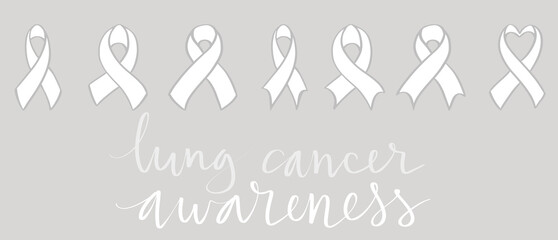 Lung cancer awareness month Novermber handwritten lettering. White support ribbon. Web banner vector