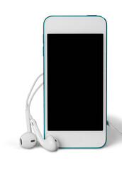 Smartphone with blank screen and wire earphones