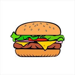 Color sketch of cheeseburger isolated on white background, flat illustration. Modern design street food logotype. Hamburger icon for menu, fast food.	