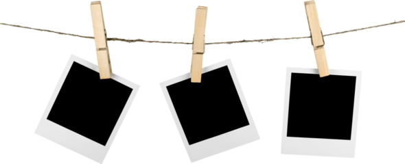 Three Blank Polaroid Frames Hanging on Twine Attached with Clothespins - Isolated