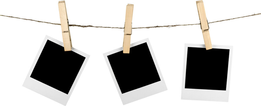Three Blank Polaroid Frames Hanging on Twine Attached with Clothespins - Isolated