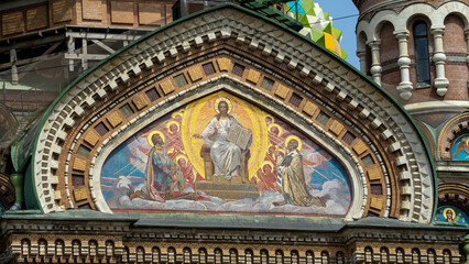 Fototapeta premium Mosaic depicting Jesus Christ with apostles on outer wall of Cathedral or Church of Savior on Spilled Blood, St. Petersburg, Russia
