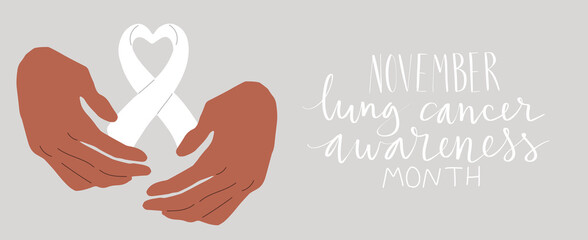 Lung cancer awareness month Novermber handwritten lettering. Hands holding white support ribbon. Web banner vector.