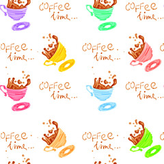 Vector seamless pattern with hand drawn coffee cups drawn with marker . Good for web page design, menu texture, surface background.