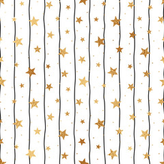 Star seamless pattern. Repeated gold stars background. Abstract glitter design for prints. Repeating marble foil. Cute wallpaper. Repeat random stars. Irregular starry texture. Vector illustration