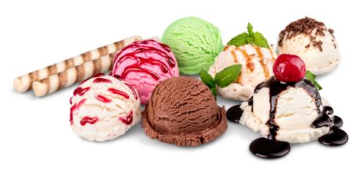 Ice cream scoops with vanilla, chocolate and berry scoops and topping