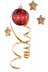 Red Christmas Bauble with Ribbon and Gold Stars Hanging on a Strings - Isolated