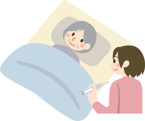 高齢者の熱を測る看護師