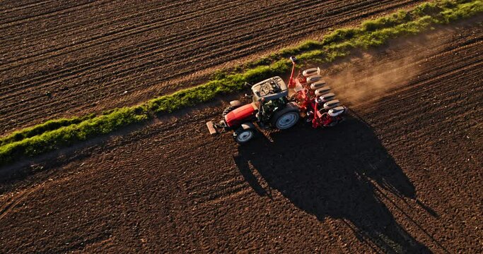 Farmer in tractor seeding soybeans at industrial farm