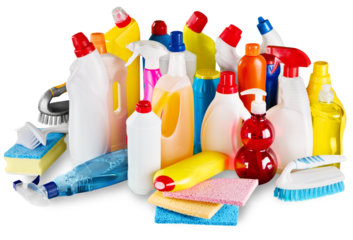 Plastic bottles, cleaning sponges on white background