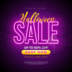 Halloween Sale Banner Illustration with Neon Light Lettering on Brick Wall Background. Vector Holiday Design Template with Cemetery and Typography Lettering for Offer, Coupon, Celebration Banner