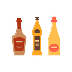 Bottle of whiskey, beer, champagne great design for any purposes. Icon bottle with cap and label. Flat style. Color form. Party drink concept. Simple image shape