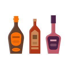 Set bottles of cognac, balsam, liquor. Great design for any purposes. Icon bottle with cap and label. Flat style. Color form. Party drink concept. Simple image shape
