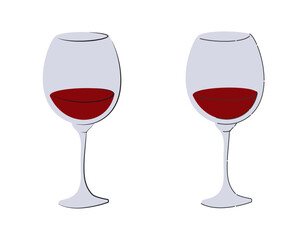 Red wine glass on white background. Cartoon sketch graphic design. Flat style. Colored hand drawn image. Party drink concept for restaurant, cafe, party. Freehand drawing style